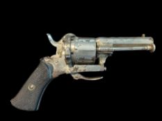 A 0.22” Pinfire 6 Shot Miniature DA Revolver. Nickel plated, with 2” sighted octagonal barrel, 2-