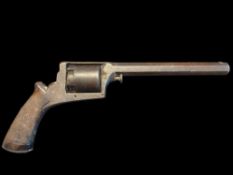 A 44-Bore 5 Shot Closed Frame Revolver. Hexagonal 7” barrel of 0.475” bore. Cylinder has number 11,