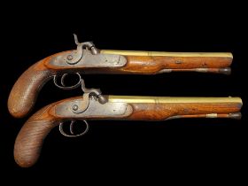Stanton of London An Unusual Pair Of 20-Bore Percussion from Flintlock Holster Pistols by Stanton,
