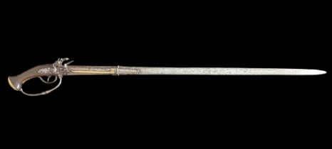 An Early Flintlock Sword Pistol Reputably Used During The Seige Of Derry. The horn handled Dutch
