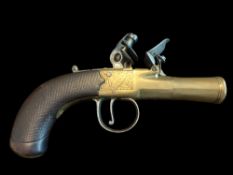 A Flintlock Pocket Pistol, maker unknown. Single piece brass frame, octagonal breech to round flared