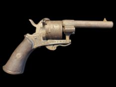 A 7mm Belgian Pinfire 6 Shot Revolver. Barrel length 2.6”. Decorated frame and cylinder, frame