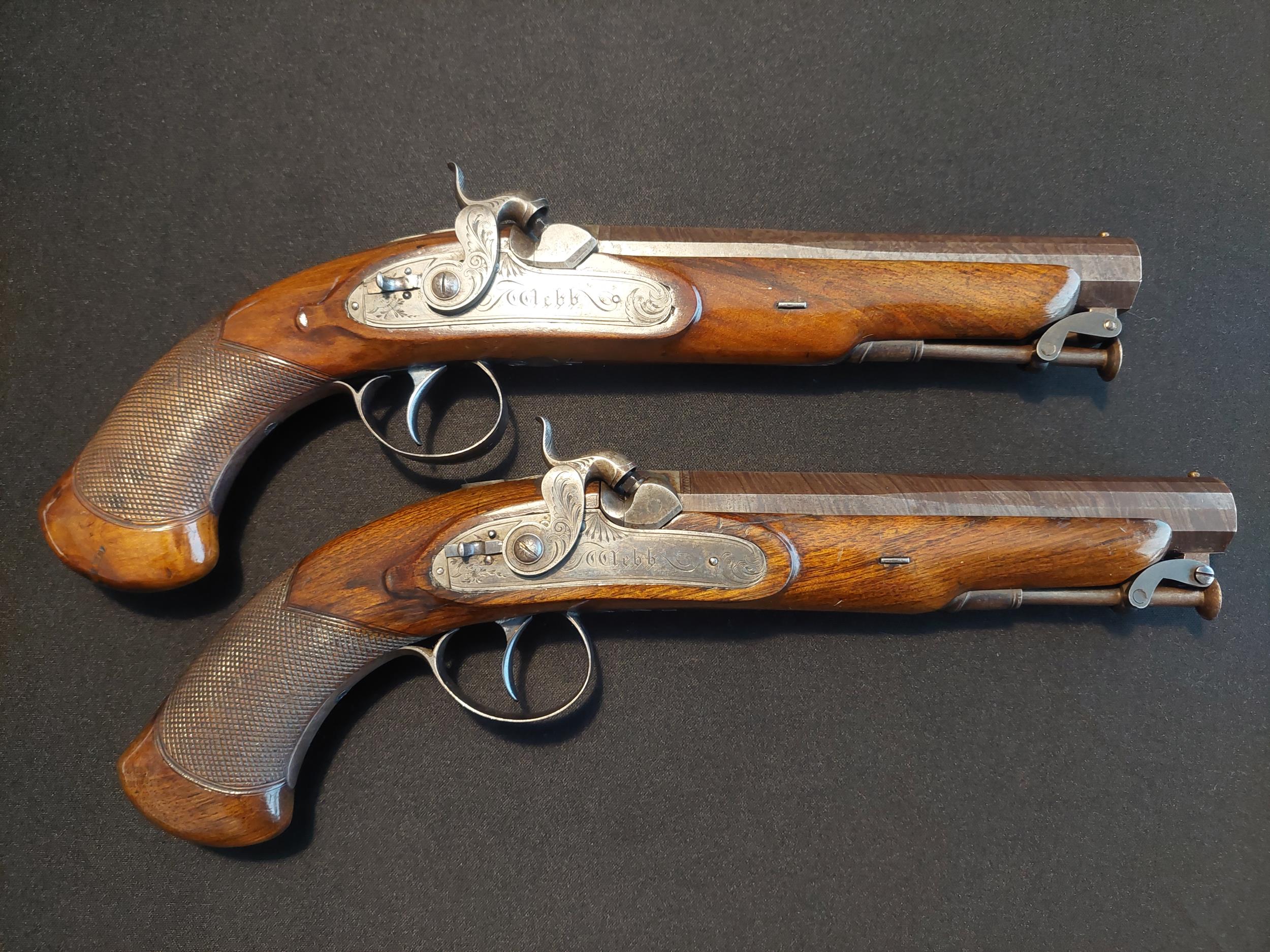 Webb of Dublin A Cased Pair of Irish 16-Bore Percussion Pistols by Webb, Dublin. Sighted octagonal - Image 6 of 22