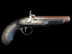 A 10-Bore Percussion from Flintlock Travelling Pistol. This man-stopper has a fixed 5.8” barrel with