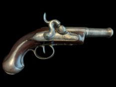 A 24-Bore Percussion from Flintlock Cannon Barrelled Travelling Pistol. With a 4.1” 2-stage cannon