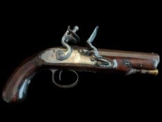 A 14-Bore 18th Century Flintlock Travelling Pistol. With sighted 5” octagonal break off 5” barrel of