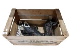 ADVERTISING CRATE TO INCLUDE A PAIR OF RETRO ADIDAS TRAINERS AND PAIR OF STEEL TOE CAP BOOTS