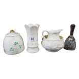 4 PIECES OF BELLEEK AND GLASS BELL