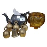 AMBER GLASS DISH, PEWTER TEAPOT & QUANTITY OF BRASS BELLS