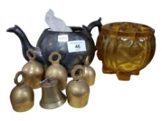AMBER GLASS DISH, PEWTER TEAPOT & QUANTITY OF BRASS BELLS