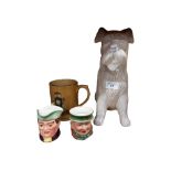 2 BESWICK CHARACTER JUGS, SYLVAC STYLE DOG FIGURE AND WADE MUG