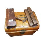 2 ANTIQUE WOOD PLANES AND TIN STORAGE BOX