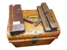 2 ANTIQUE WOOD PLANES AND TIN STORAGE BOX