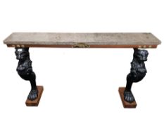 SLIM MARBLE CONSOL TABLE WITH LARGE CAST IRON BLACK LION ENDS, BRASS DECORATION