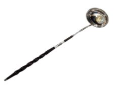 SILVER TODDY LADLE WITH GOLD COIN INSET IN BOWL, HAMMERED FOR LONDON 37CM