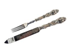 ORNATE SILVER SERVING KNIFE & FORK - BIRMINGHAM 1869 -70 KNIFE 30 CM & FORK 24CM - 218 GRAMS