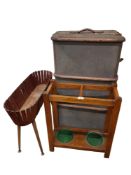 ANTIQUE TRUNK, PLANTER & STICK/UMBRELLA STAND WITH DRIP TRAYS