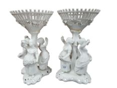 PAIR OF ANTIQUE LARGE DERBY WHITE GLAZED LATTICE WORK PORCELAIN FRUIT BASKETS WITH MAIDENS HOLDING