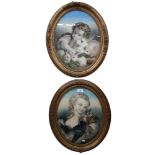 PAIR OF OVAL COLOURED AQUATINTS OF A GIRL WITH HEN AND CHICKS AND A BOY WITH WHITE RABBIT. IN