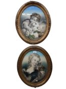 PAIR OF OVAL COLOURED AQUATINTS OF A GIRL WITH HEN AND CHICKS AND A BOY WITH WHITE RABBIT. IN