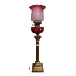 LARGE VICTORIAN 3 FT RUBY OIL LAMP - PERFECT CONDITION - HEAVY CUT BOWL