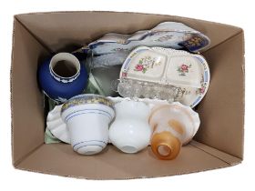 BOX OF CERAMICS AND LIGHTSHADES