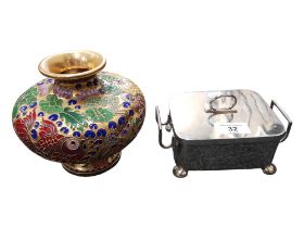 CLOISONNE VASE & PLATED BUTTER DISH