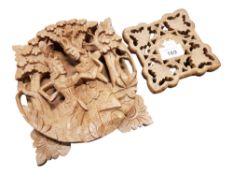CARVED INDIAN WOODEN PLAQUE AND WOODEN COASTER