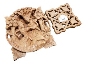 CARVED INDIAN WOODEN PLAQUE AND WOODEN COASTER