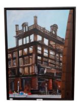 STAN DEMPSEY (SIGNED) OIL ON CANVAS 'AFTERMATH' (BANK BUILDINGS 28/08/18 22" X 16"
