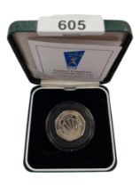 CASED UK SILVER PROOF FIFTY PENCE COIN WITH CERTIFICATE - 50 YEARS OF NHS