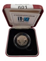 CASED SILVER PROOF PIEDFORT FIFTY PENCE COIN WITH CERTIFICATE - 150 YEARS OF PUBLIC LIBRARIES