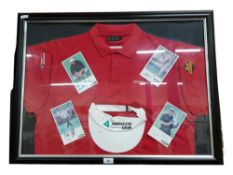 FRAMED GOLF SHIRT AND CAP WITH SIGNED PHOTOGRAPHS - THE SHIRT AND CAP ARE ACTUALLY DARREN CLARKE'S