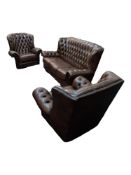 3 PIECE BUTTON BACK BROWN LEATHER SUITE