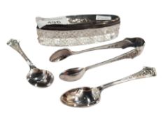 SILVER LIDDED JAR, EP MATCHING TONGS AND TEASPOONS