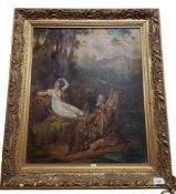 ANTIQUE OIL ON CANVAS - CLASSICAL SCENE SIGNED - SOME SLIGHT TEARING 60CM X 50CM