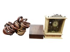 CASED CLOCK, PART OF A GEORGIAN TEA CADDY, VINTAGE WOODEN CURTAIN RINGS