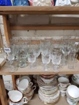 SHELF LOT OF GLASSWARE & VINTAGE BRASS CONDIMENT SET