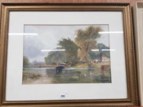 WATERCOLOUR - SIGNED & DATED - ON THE BARGE 53CM X 36.5CM BY HENRY CHARLES FOX