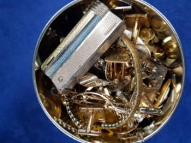 TIN OF WATCH PARTS, CUFF LINKS, VINTAGE LIGHTER AND TIE PINS