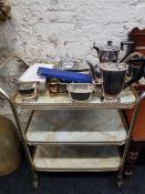 MID CENTURY HOSTESS TROLLEY, EPNS TEA SET & CUTLERY