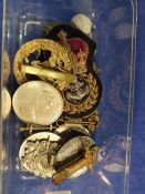 BOX OF MILITARY BADGES & COINS