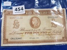 PROVINCIAL BANK OF IRELAND £5 BANKNOTE 5TH JUNE 1957 N.J.SHAW