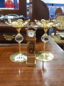 MINIATURE EVERITE BRASS GRANDFATHER CLOCK AND PAIR OF CRYSTAL CANDLESTICKS