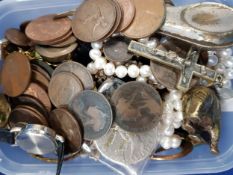 BOX OF COSTUME JEWELLERY, WATCHES AND COINS