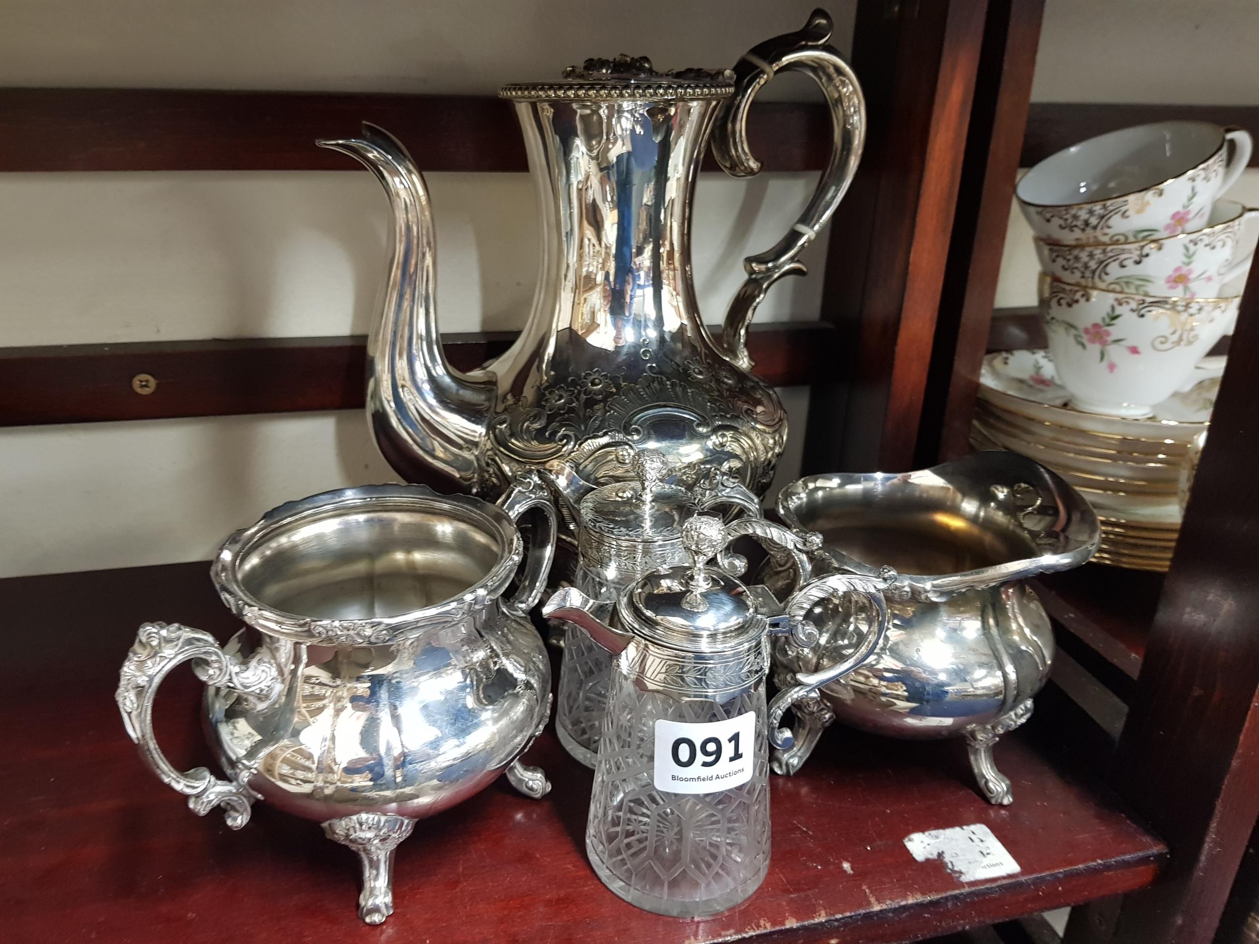 3 PIECE SILVER PLATED TEA SET & PAIR OF EARLY CUT GLASS JUGS WITH SILVER PLATED TOPS & HANDLES