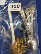 3 ROLEX SPOONS, SADDLE RING, SILVER AND ENAMEL CHEROOT HOLDER AND PAIR OF SILVER EARRINGS