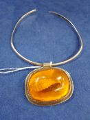 SILVER & AMBER PENDANT ON SILVER COLLAR