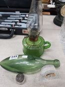 TYRONE CRYSTAL CLOCK, SILVER TOPPED JAR, GREEN GLASS FINGER OIL LAMP AND OLD GLASS BOTTLE