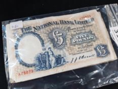 5 X NATIONAL BANK LIMITED £5 BANKNOTES (3 X 1.1.1949, 1 X 1.9.1937 & 1 X 2.5.1949)